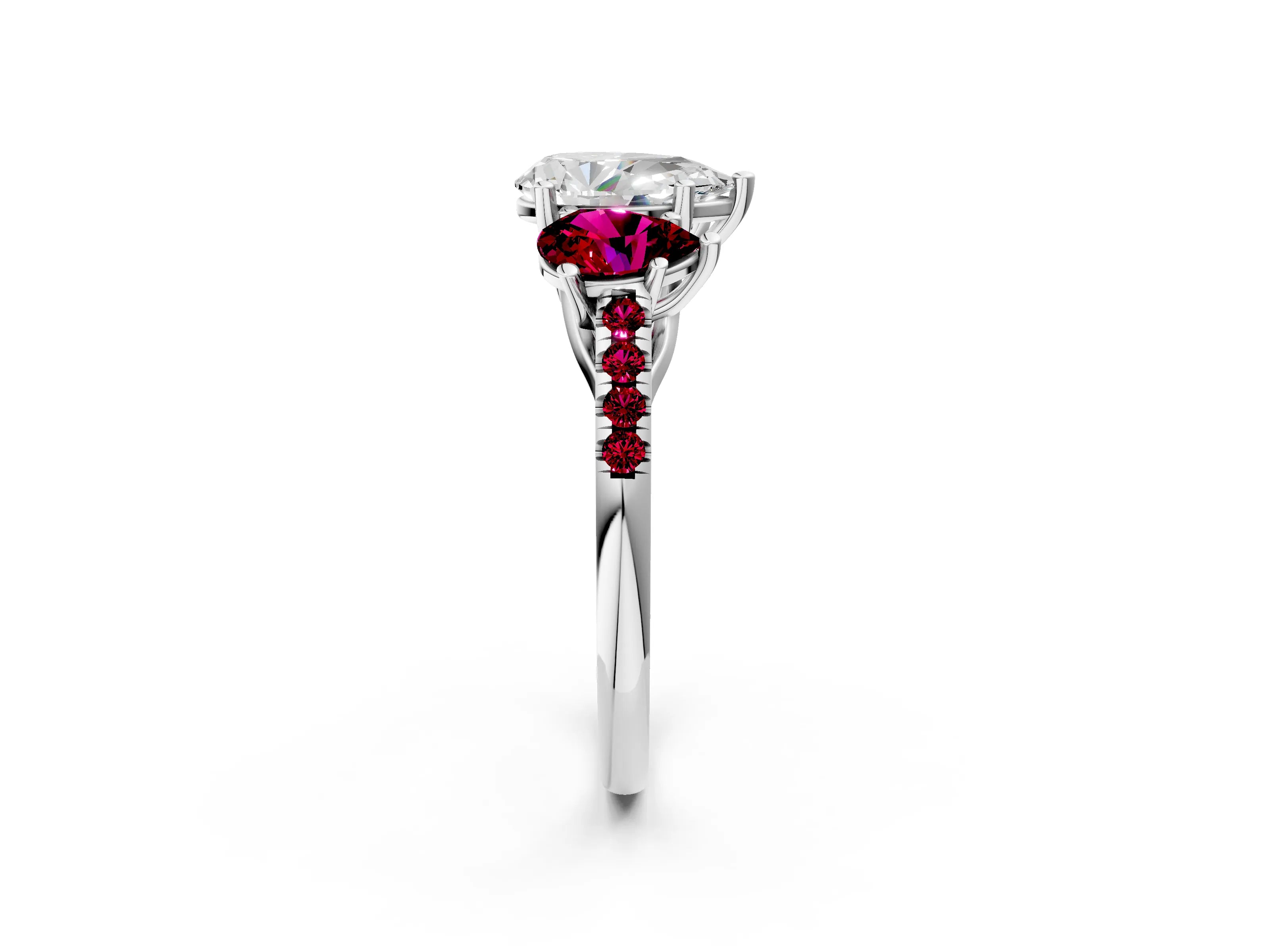 White gold Three-Stone Pear Cut Diamond Ring with Round with Garnet side stone Pavé Band and Prong Setting_2