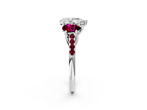 White gold Three-Stone Pear Cut Diamond Ring with Round with Garnet side stone Pavé Band and Prong Setting_2