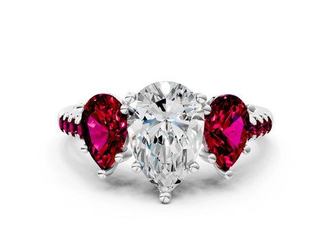 White gold Three-Stone Pear Cut Diamond Ring with Round with Garnet side stone Pavé Band and Prong Setting