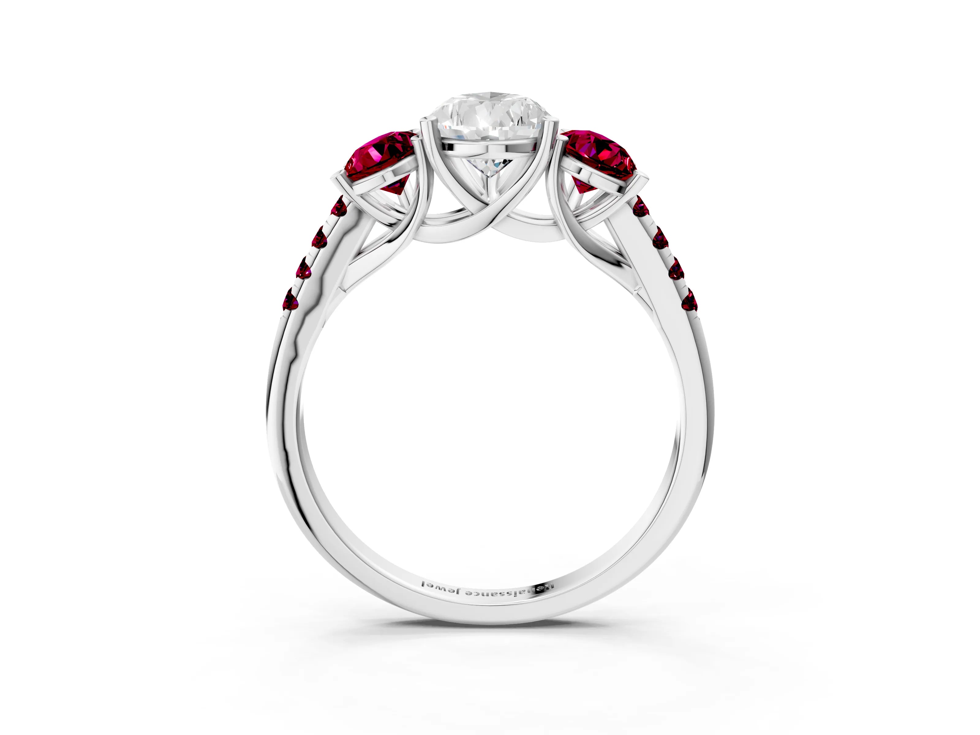 White gold Three-Stone Pear Cut Diamond Ring with Round with Garnet side stone Pavé Band and Prong Setting_3