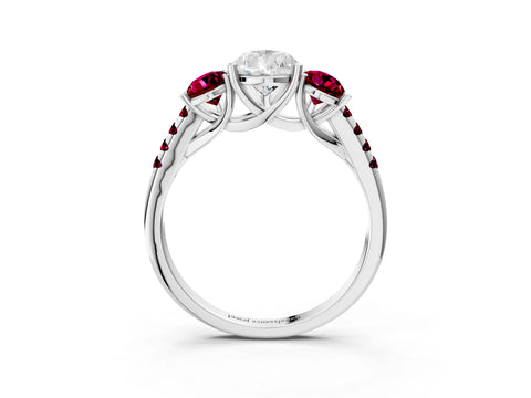 White gold Three-Stone Pear Cut Diamond Ring with Round with Garnet side stone Pavé Band and Prong Setting_3