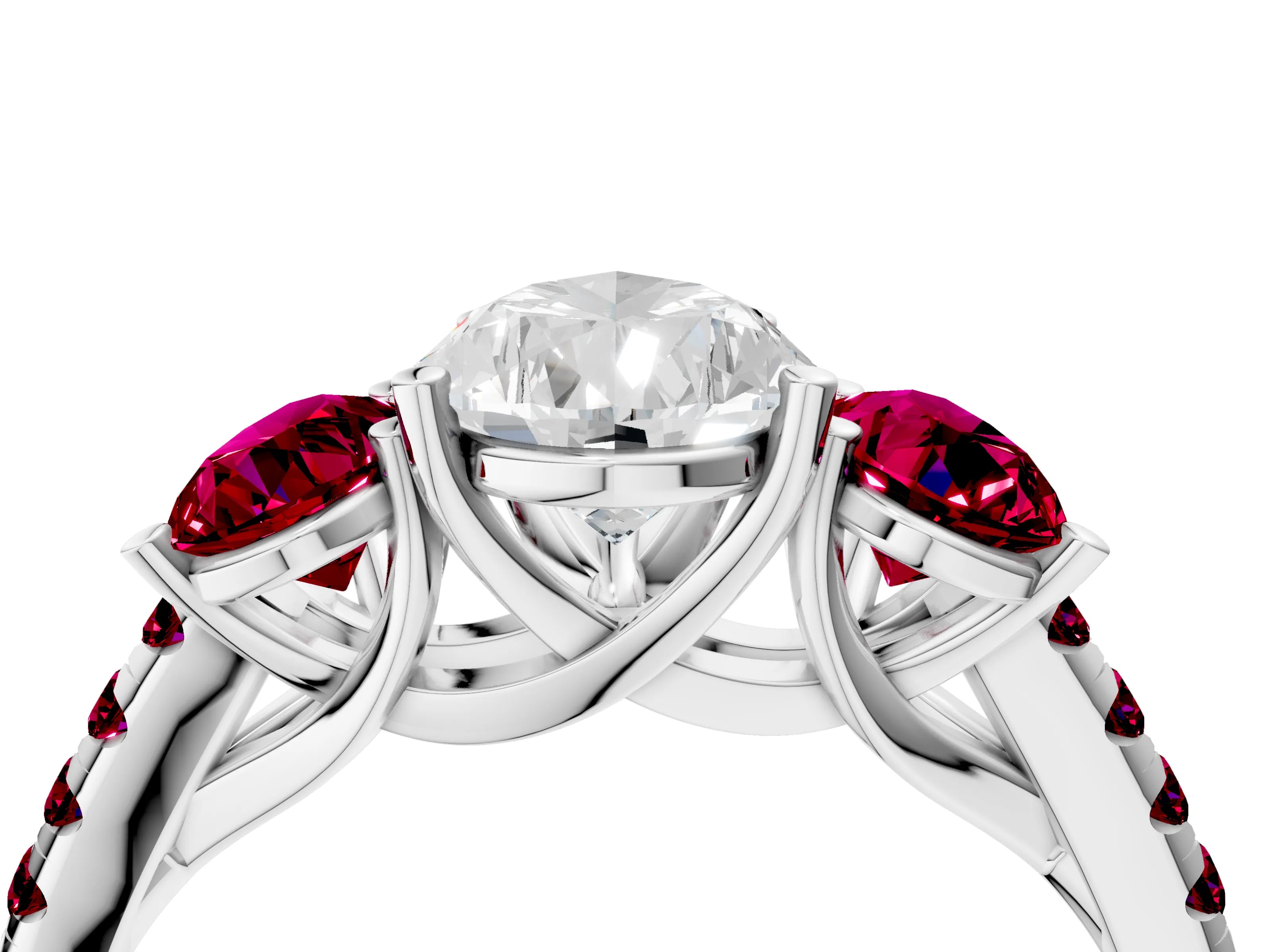 White gold Three-Stone Pear Cut Diamond Ring with Round with Garnet side stone Pavé Band and Prong Setting_4
