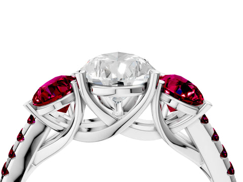 White gold Three-Stone Pear Cut Diamond Ring with Round with Garnet side stone Pavé Band and Prong Setting_4