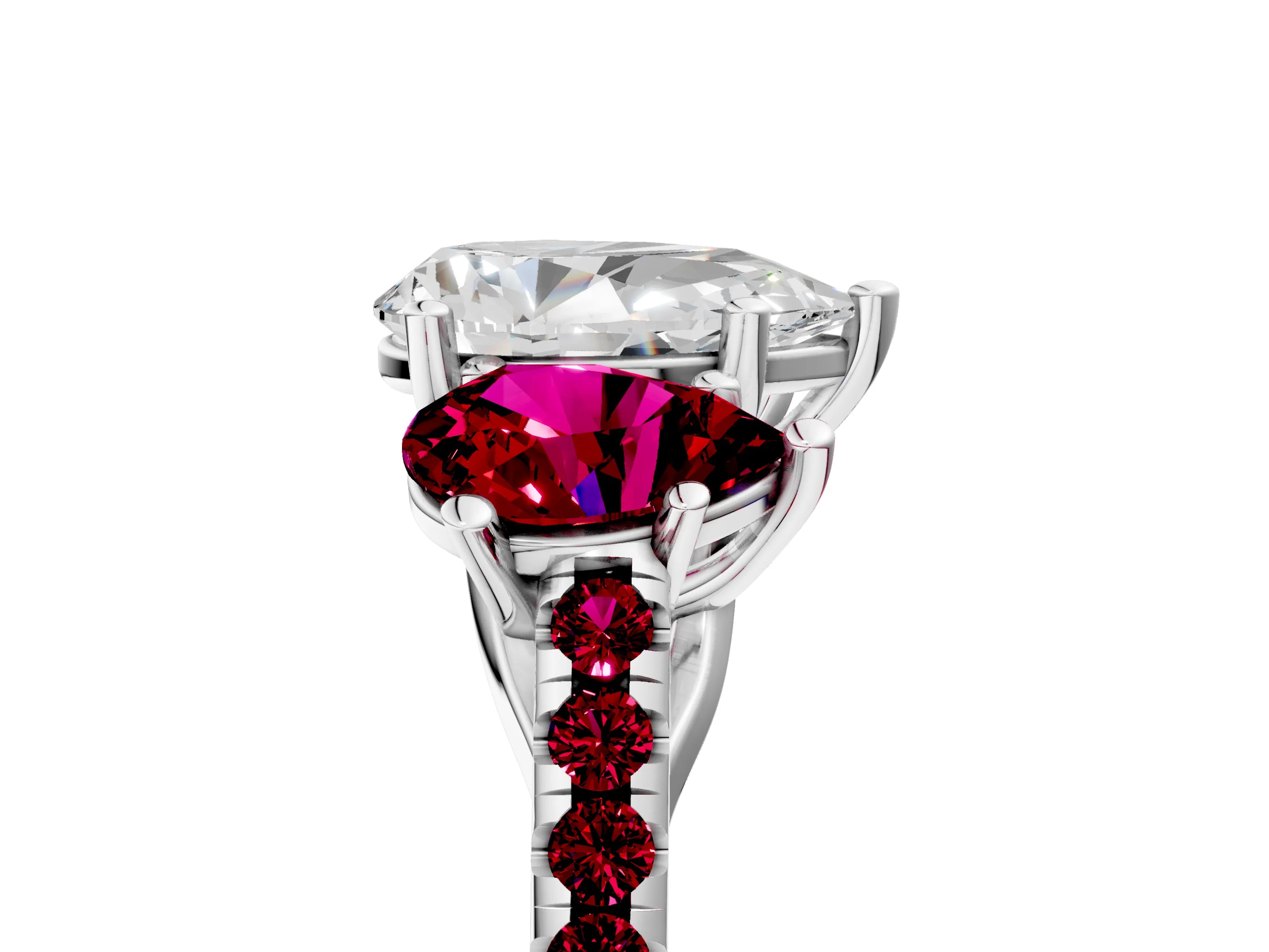White gold Three-Stone Pear Cut Diamond Ring with Round with Garnet side stone Pavé Band and Prong Setting_5