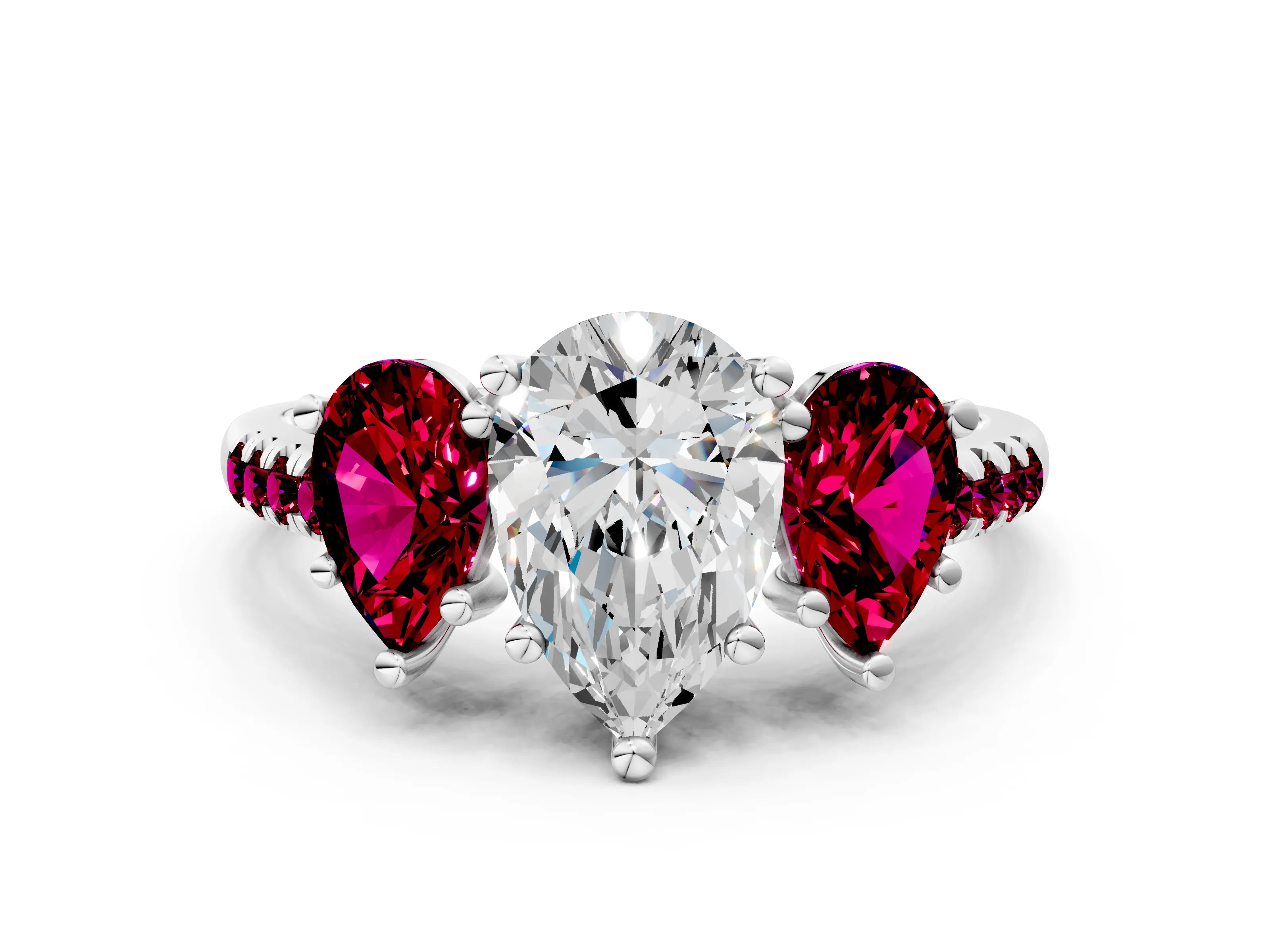 White gold Three-Stone Pear Cut Diamond Ring with Round with Garnet side stone Pavé Band and Prong Setting