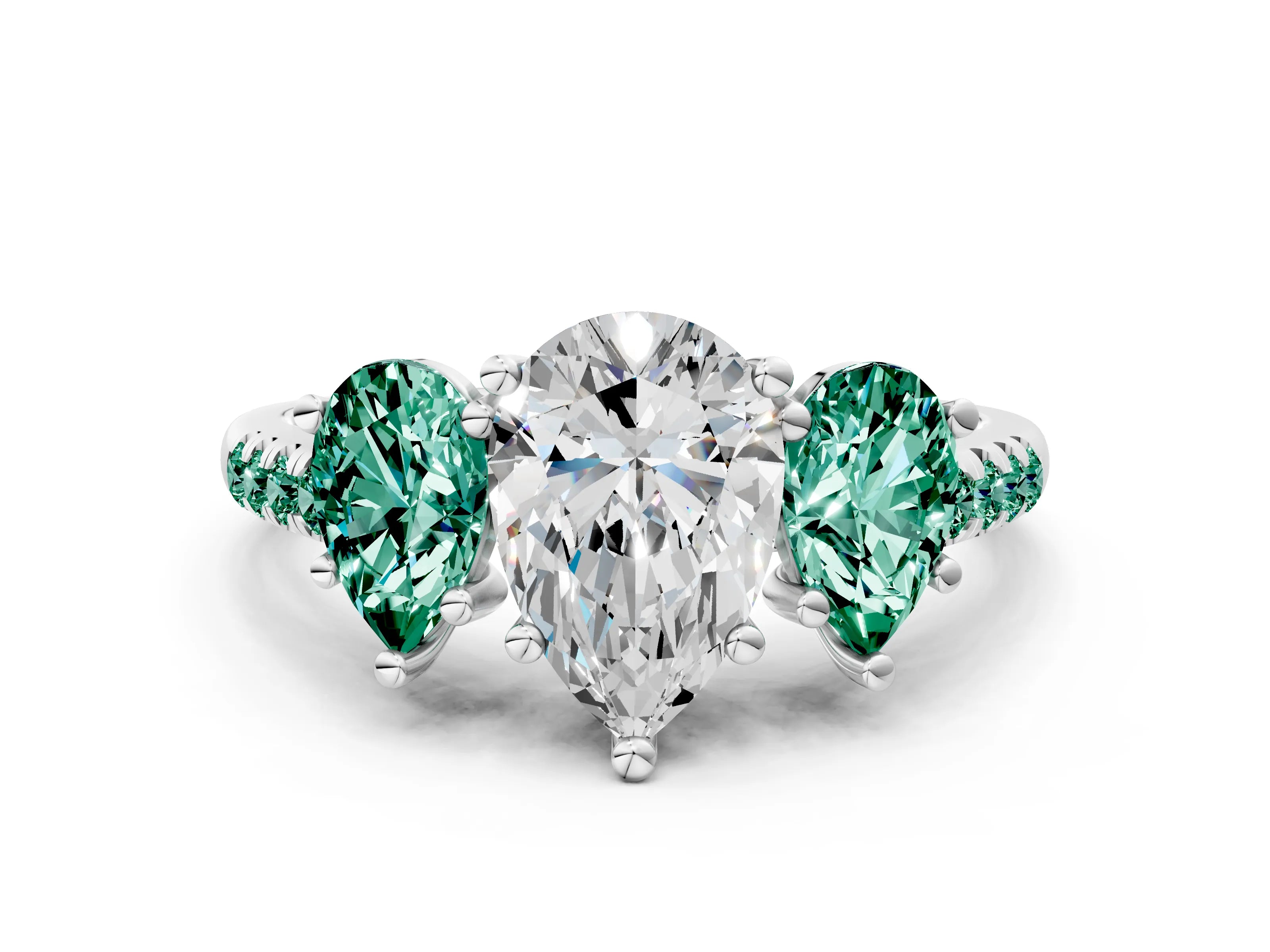 White gold Three-Stone Pear Cut Diamond Ring with Round with Green Sapphire side stone Pavé Band and Prong Setting