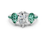 White gold Three-Stone Pear Cut Diamond Ring with Round with Green Sapphire side stone Pavé Band and Prong Setting_12