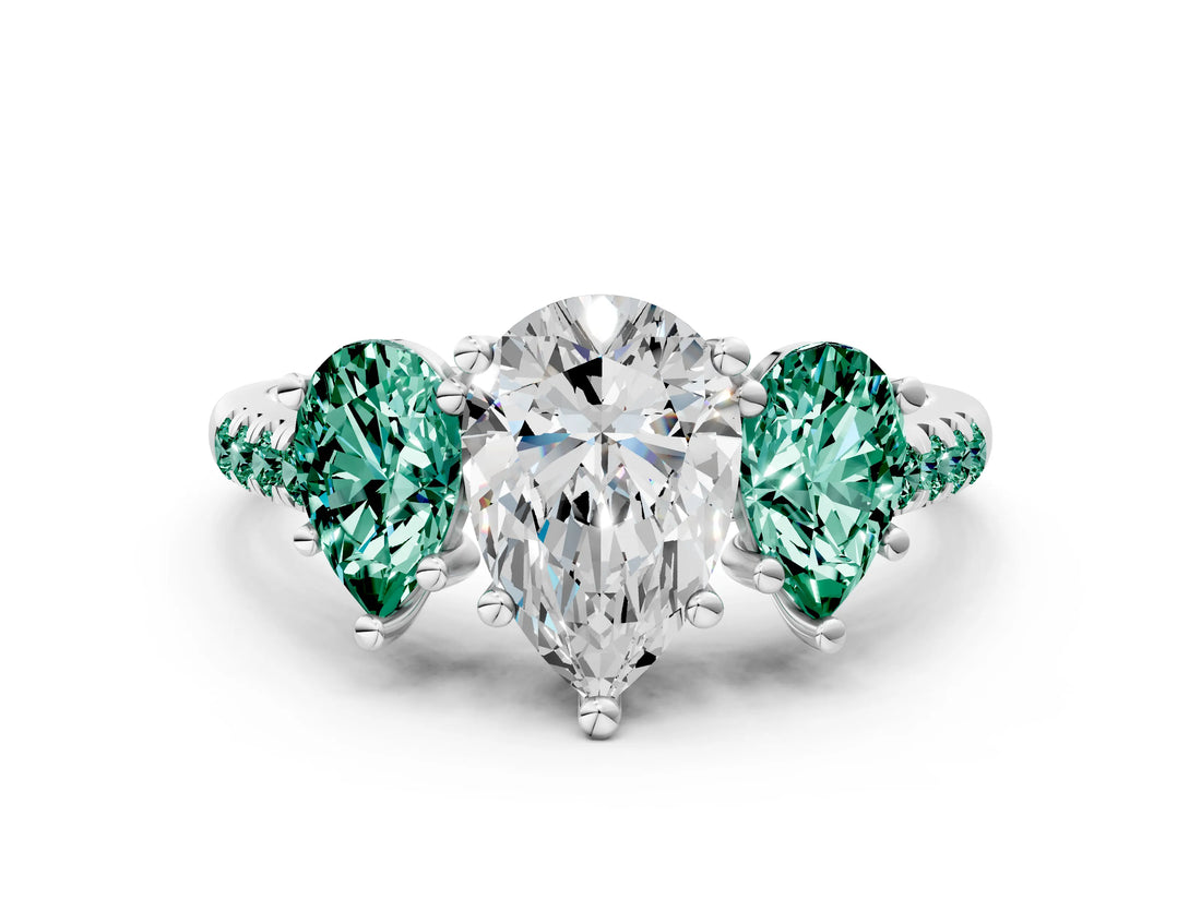 White gold Three-Stone Pear Cut Diamond Ring with Round with Green Sapphire side stone Pavé Band and Prong Setting_19