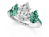 White gold Three-Stone Pear Cut Diamond Ring with Round with Green Sapphire side stone Pavé Band and Prong Setting_19