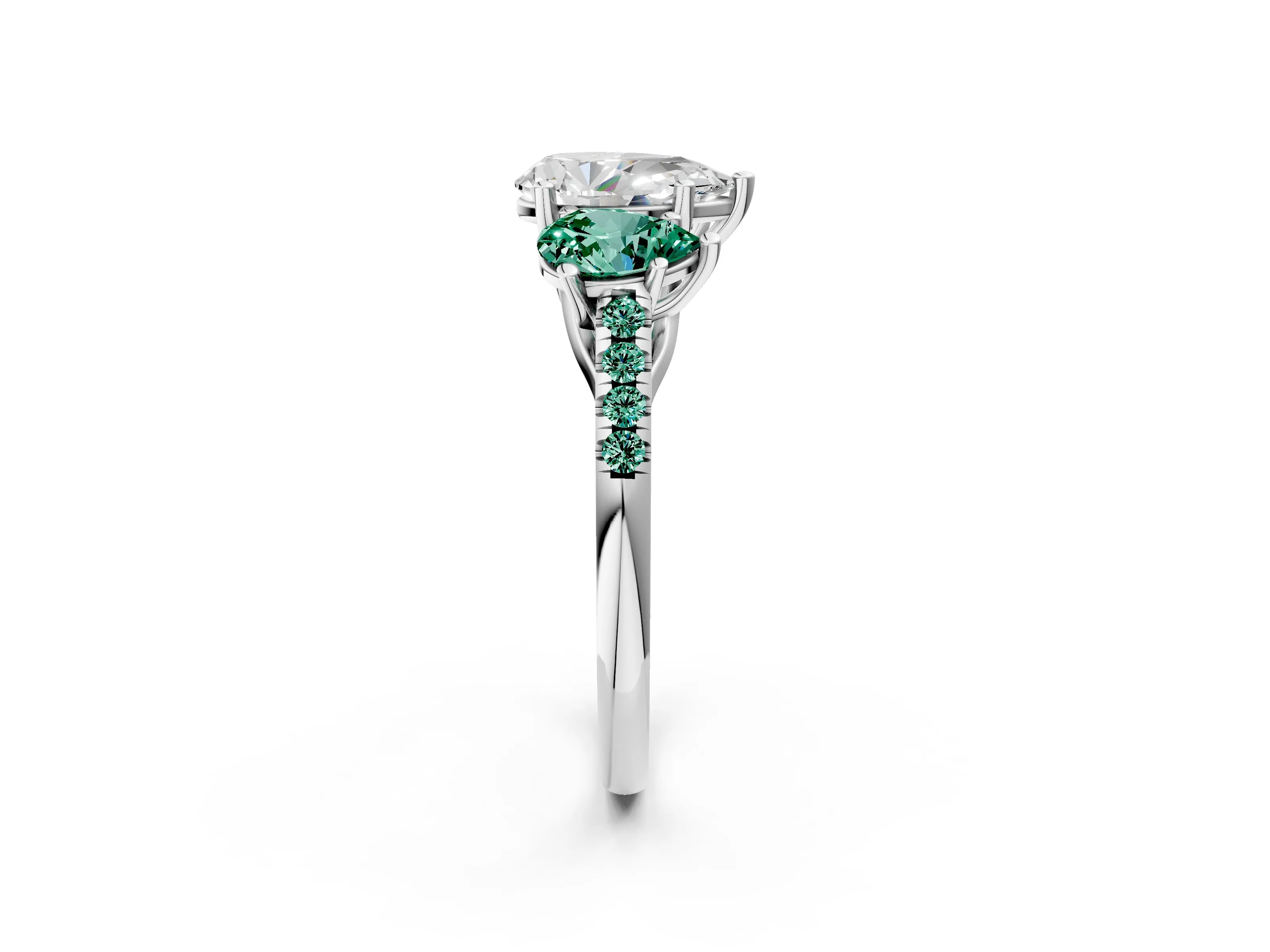 White gold Three-Stone Pear Cut Diamond Ring with Round with Green Sapphire side stone Pavé Band and Prong Setting_2