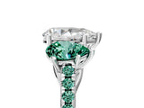 White gold Three-Stone Pear Cut Diamond Ring with Round with Green Sapphire side stone Pavé Band and Prong Setting_23