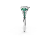 White gold Three-Stone Pear Cut Diamond Ring with Round with Green Sapphire side stone Pavé Band and Prong Setting_2