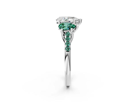 White gold Three-Stone Pear Cut Diamond Ring with Round with Green Sapphire side stone Pavé Band and Prong Setting_2
