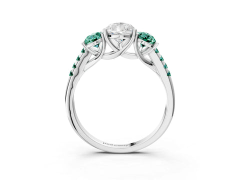 White gold Three-Stone Pear Cut Diamond Ring with Round with Green Sapphire side stone Pavé Band and Prong Setting_3