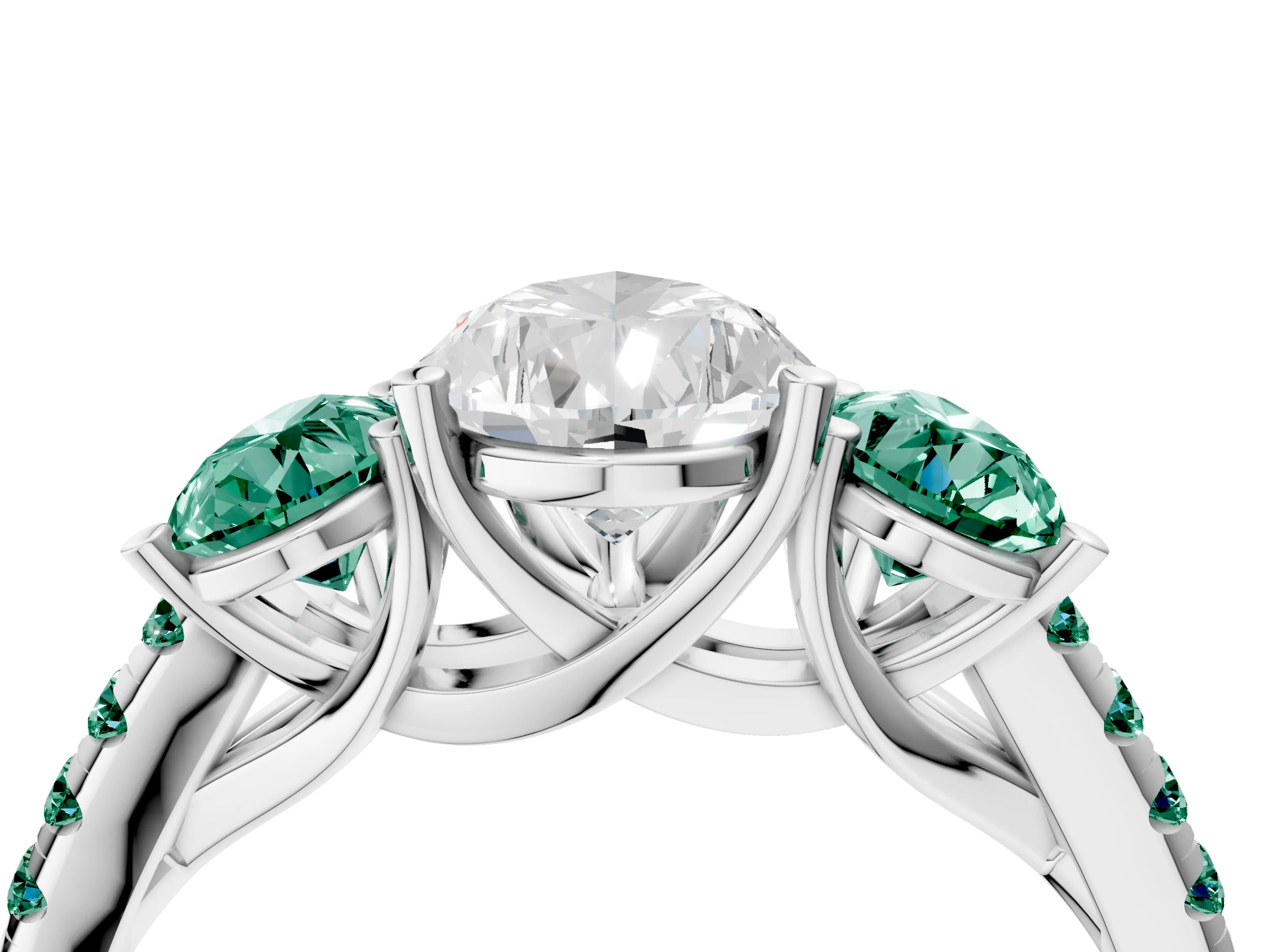 White gold Three-Stone Pear Cut Diamond Ring with Round with Green Sapphire side stone Pavé Band and Prong Setting_4