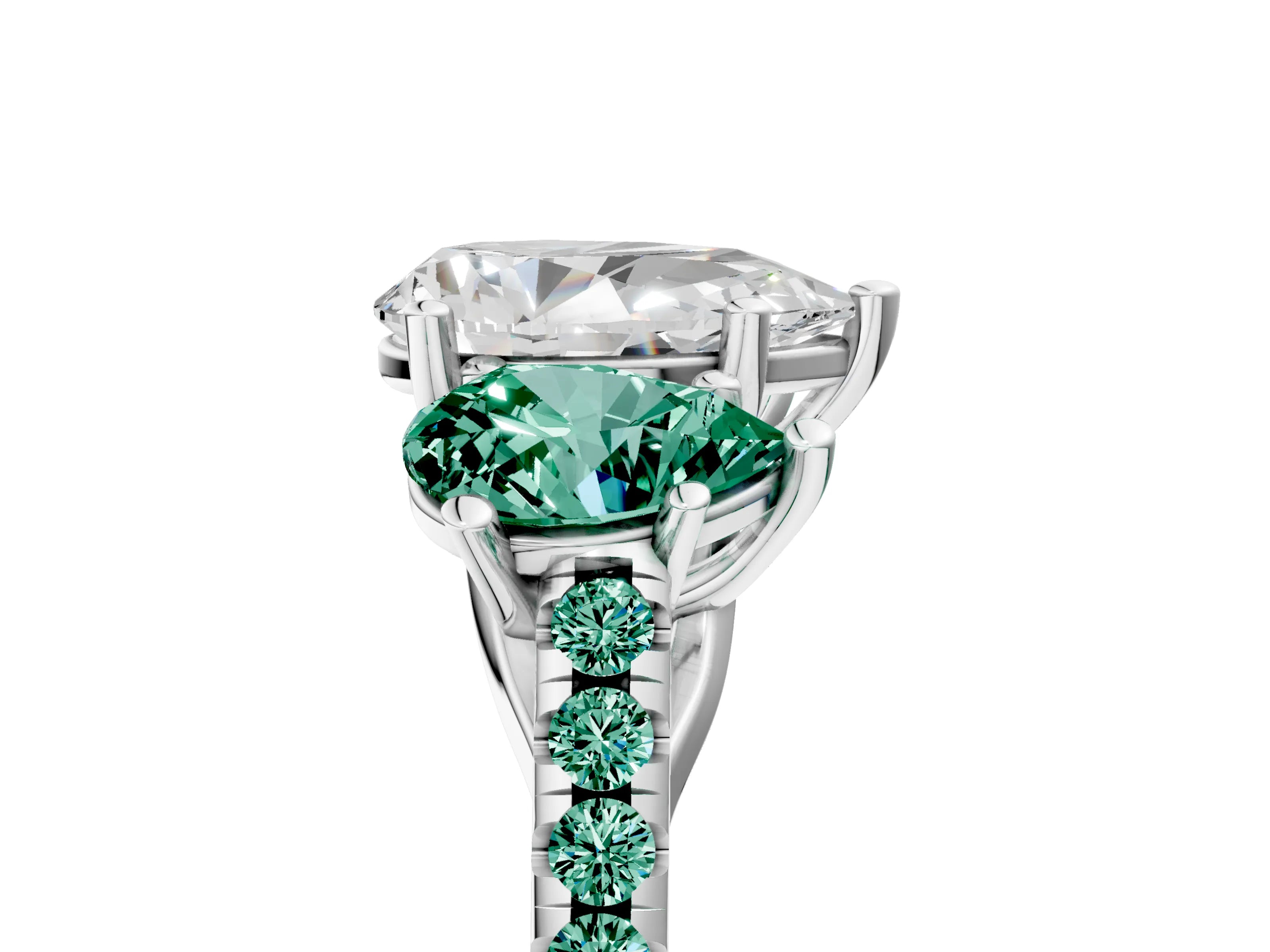 White gold Three-Stone Pear Cut Diamond Ring with Round with Green Sapphire side stone Pavé Band and Prong Setting_5