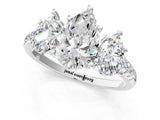 White gold Three-Stone Pear Cut Diamond Ring with Round with Moissanite side stone Pavé Band and Prong Setting_1