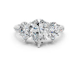 White gold Three-Stone Pear Cut Diamond Ring with Round with Moissanite side stone Pavé Band and Prong Setting_12