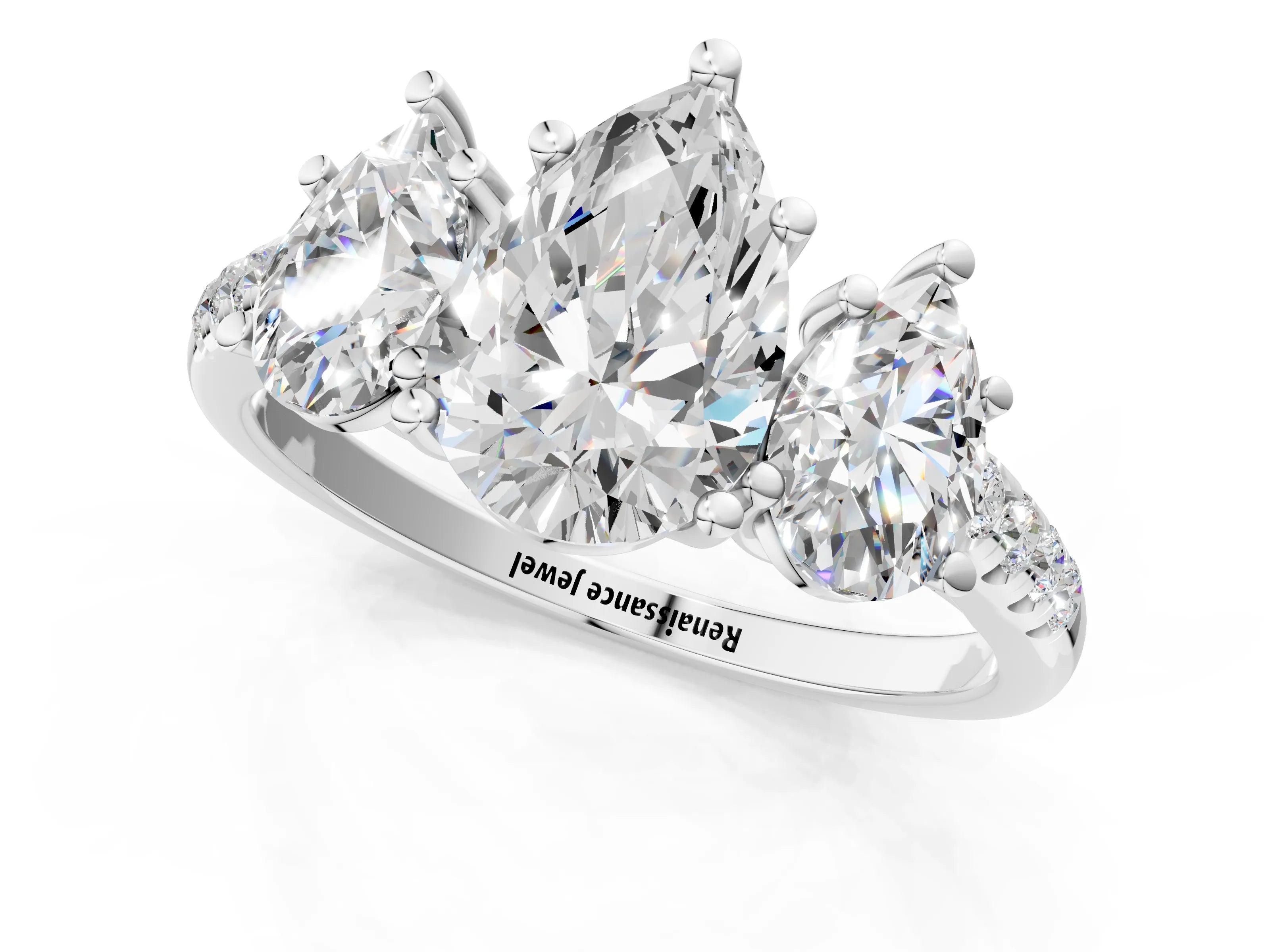White gold Three-Stone Pear Cut Diamond Ring with Round with Moissanite side stone Pavé Band and Prong Setting_1