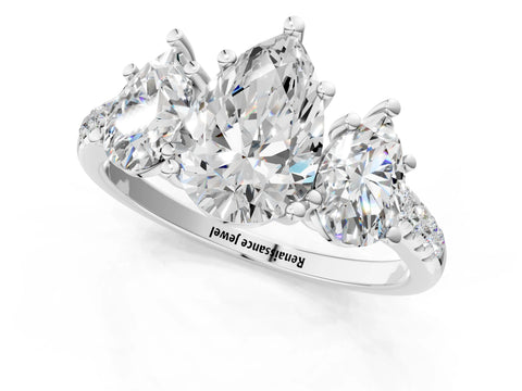 White gold Three-Stone Pear Cut Diamond Ring with Round with Moissanite side stone Pavé Band and Prong Setting_1