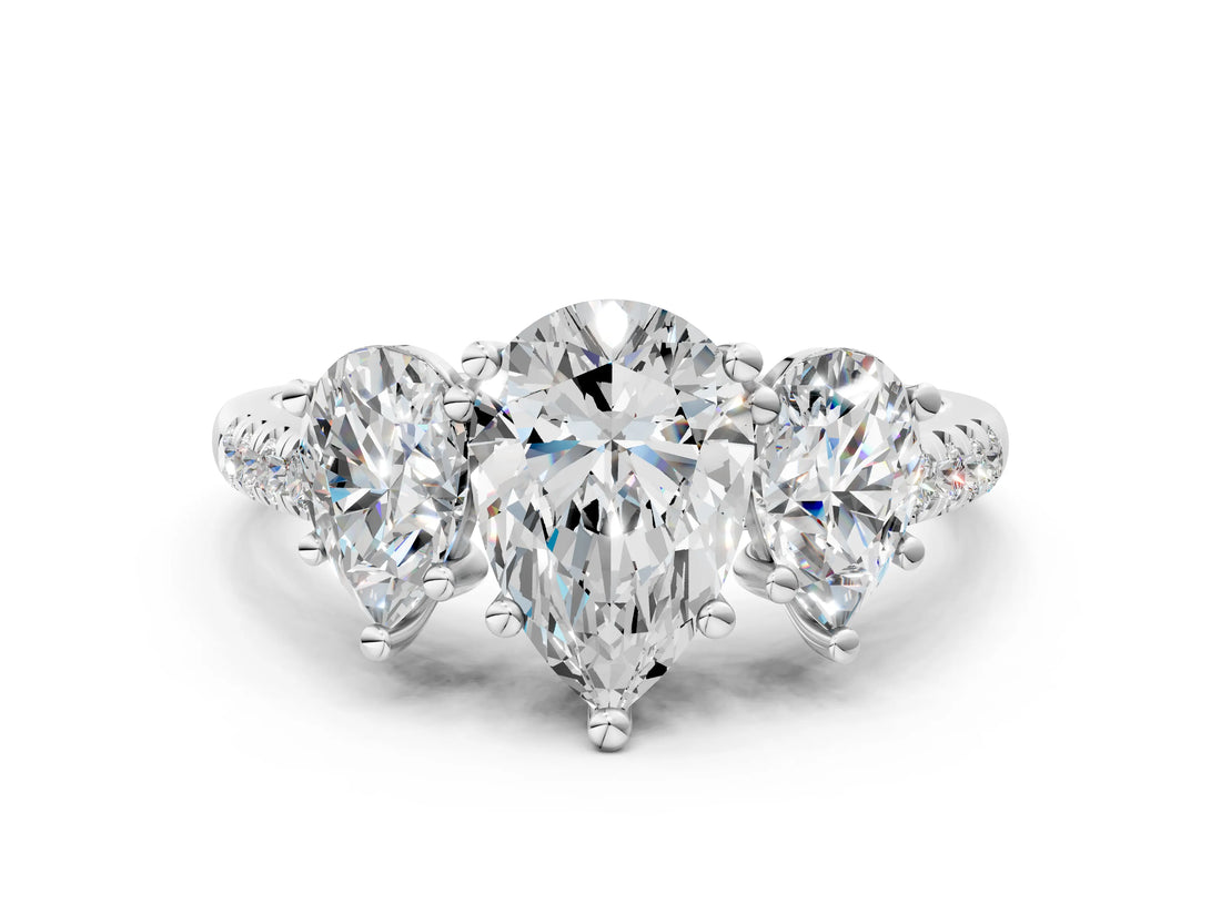 White gold Three-Stone Pear Cut Diamond Ring with Round with Moissanite side stone Pavé Band and Prong Setting_22
