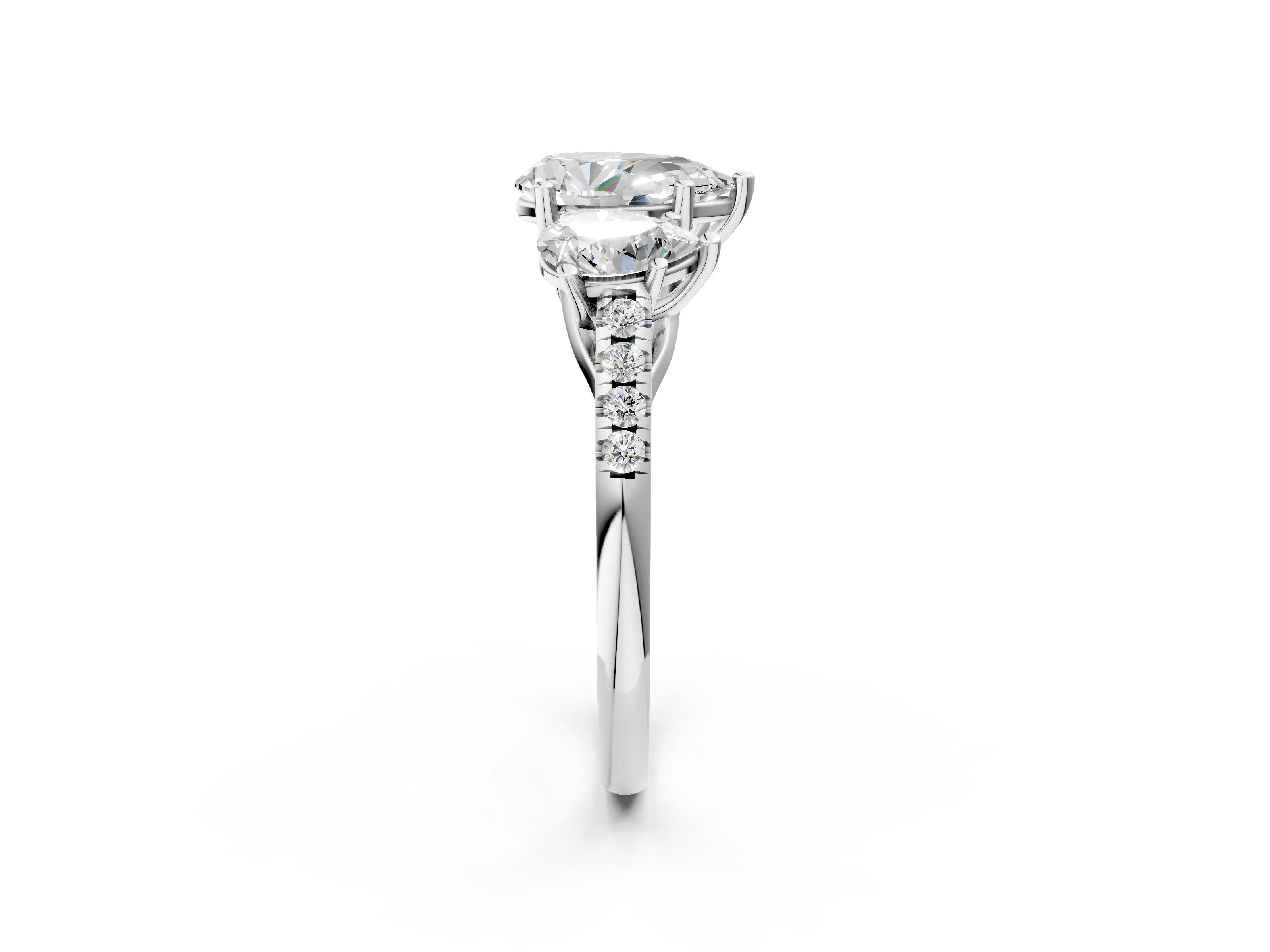 White gold Three-Stone Pear Cut Diamond Ring with Round with Moissanite side stone Pavé Band and Prong Setting_2