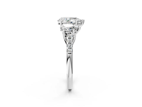 White gold Three-Stone Pear Cut Diamond Ring with Round with Moissanite side stone Pavé Band and Prong Setting_2