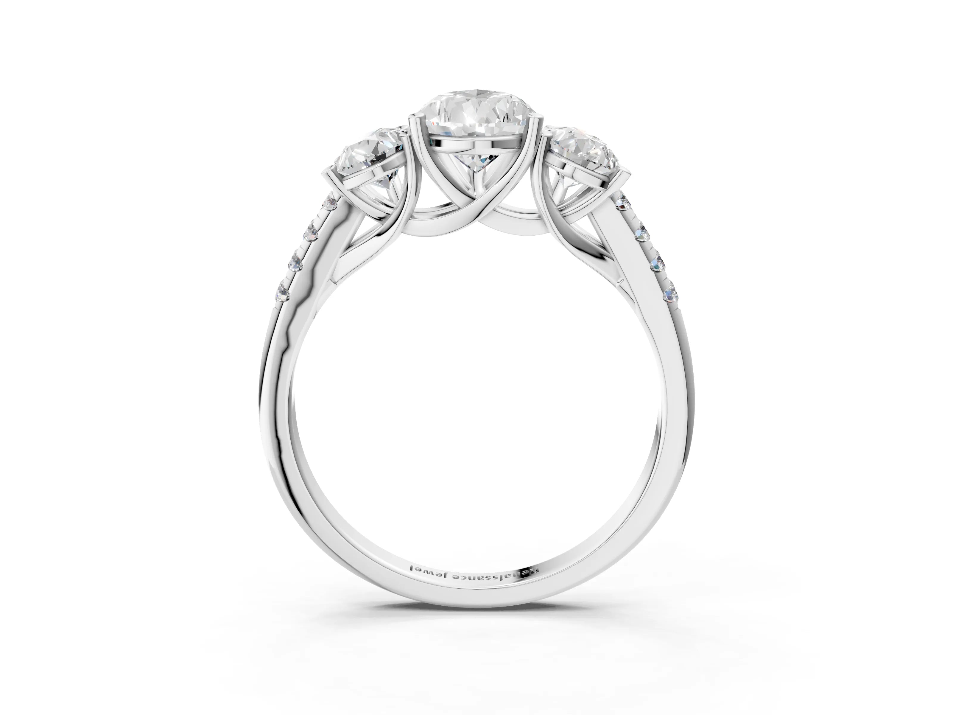 White gold Three-Stone Pear Cut Diamond Ring with Round with Moissanite side stone Pavé Band and Prong Setting_3