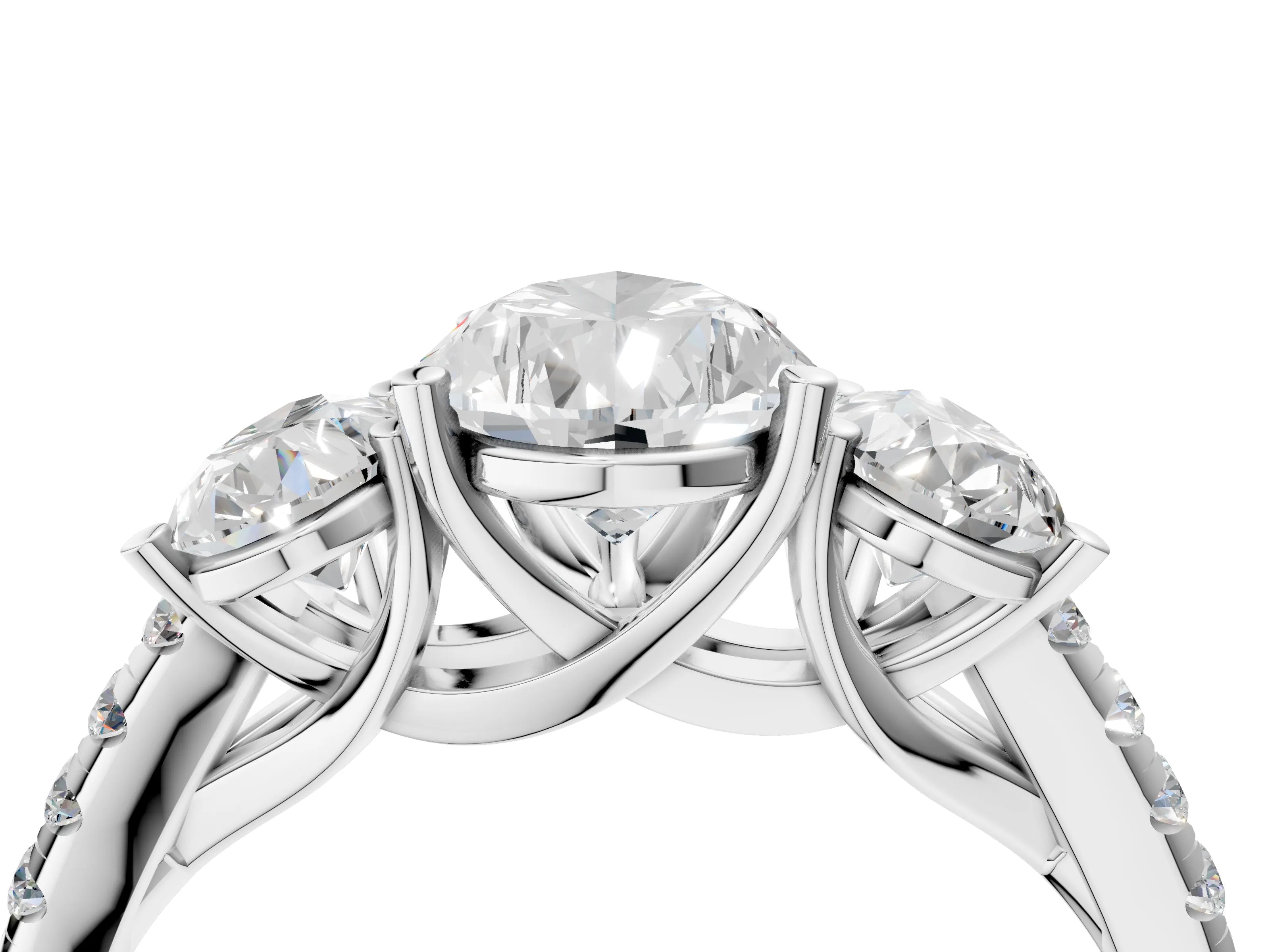 White gold Three-Stone Pear Cut Diamond Ring with Round with Moissanite side stone Pavé Band and Prong Setting_4