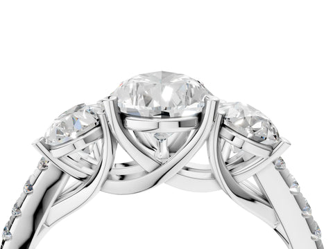 White gold Three-Stone Pear Cut Diamond Ring with Round with Moissanite side stone Pavé Band and Prong Setting_4