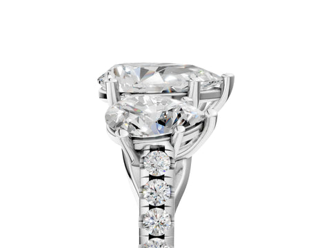 White gold Three-Stone Pear Cut Diamond Ring with Round with Moissanite side stone Pavé Band and Prong Setting_5