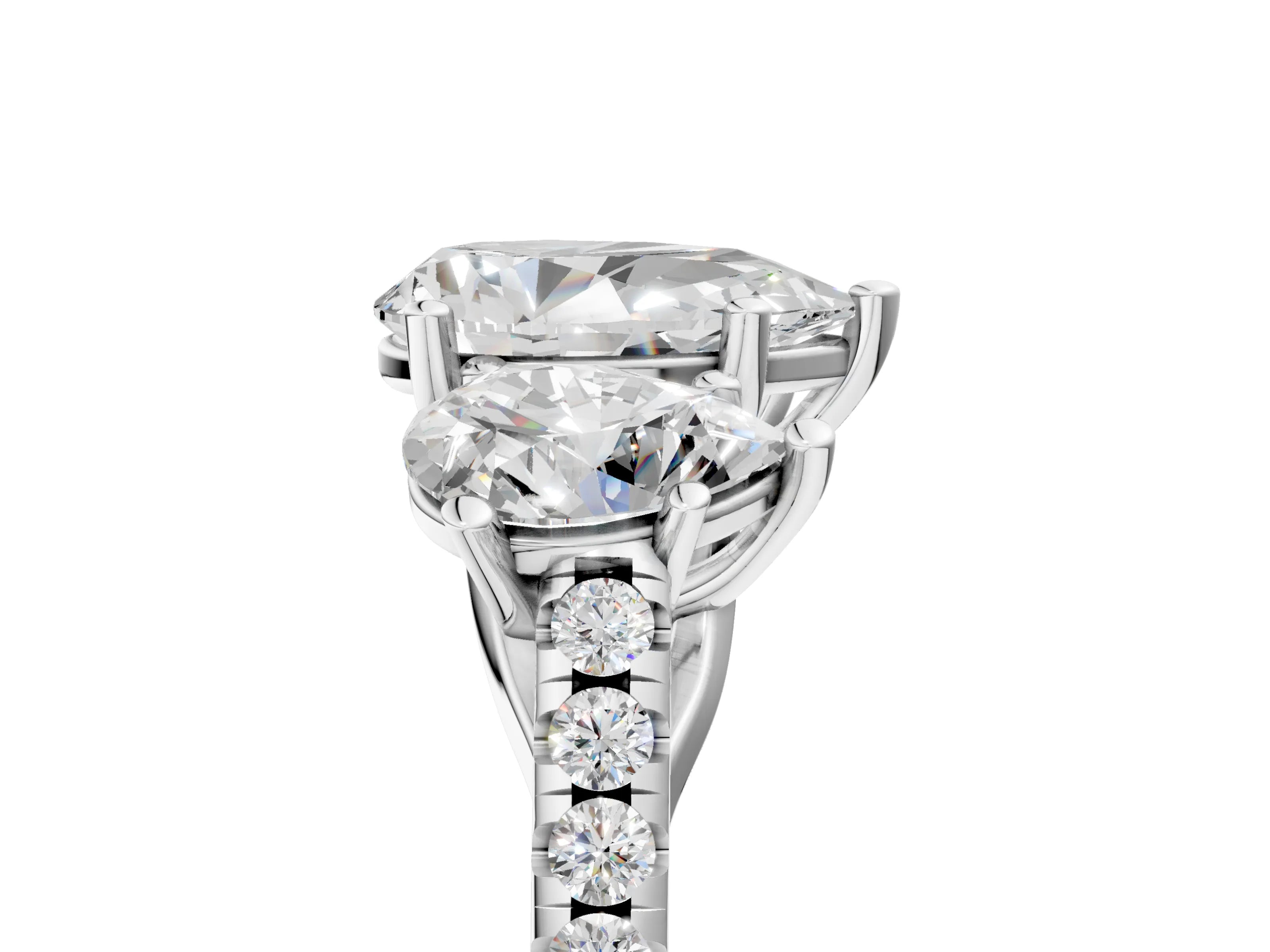 White gold Three-Stone Pear Cut Diamond Ring with Round with Moissanite side stone Pavé Band and Prong Setting_5