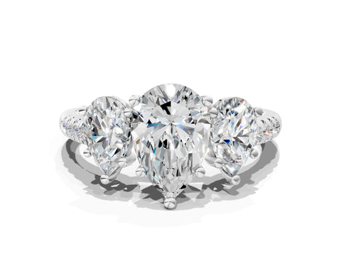 White gold Three-Stone Pear Cut Diamond Ring with Round with Moissanite side stone Pavé Band and Prong Setting