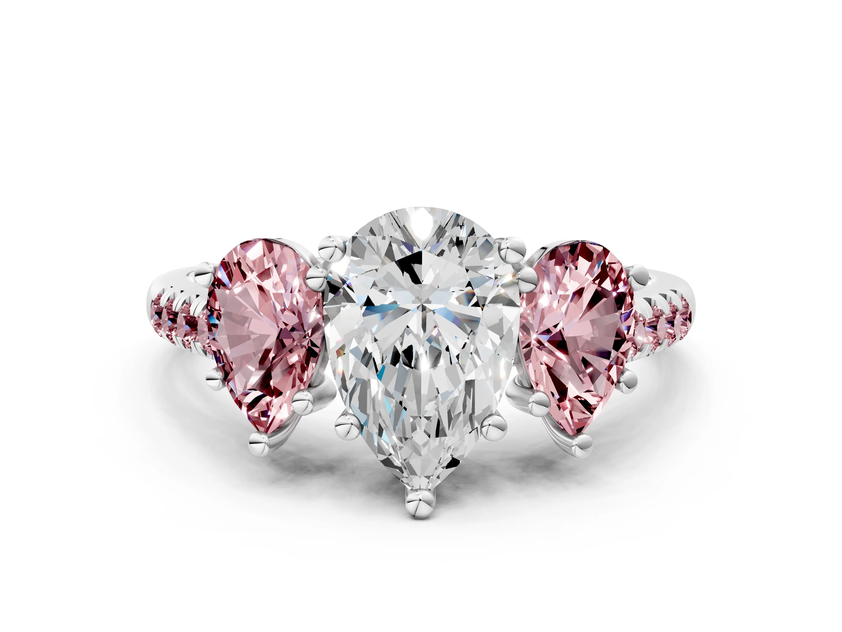 White gold Three-Stone Pear Cut Diamond Ring with Round with Morganite side stone Pavé Band and Prong Setting