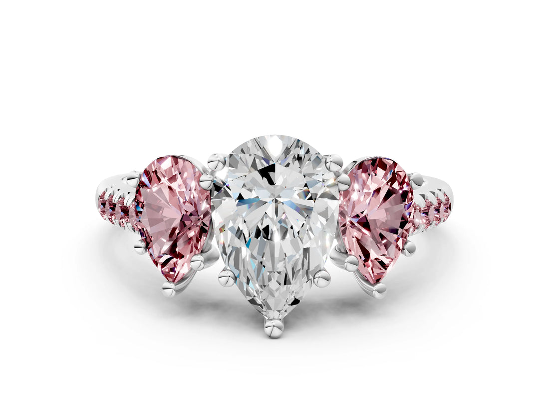 White gold Three-Stone Pear Cut Diamond Ring with Round with Morganite side stone Pavé Band and Prong Setting_12