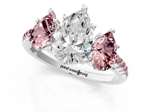 White gold Three-Stone Pear Cut Diamond Ring with Round with Morganite side stone Pavé Band and Prong Setting_1