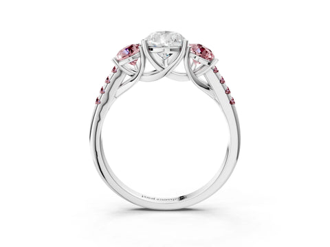 White gold Three-Stone Pear Cut Diamond Ring with Round with Morganite side stone Pavé Band and Prong Setting_3