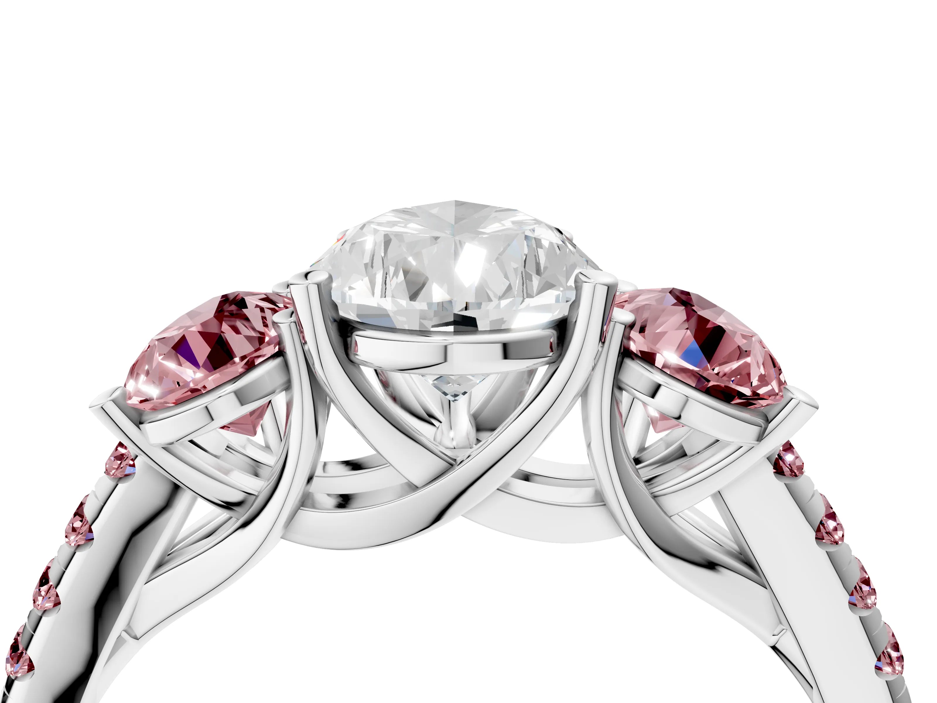 White gold Three-Stone Pear Cut Diamond Ring with Round with Morganite side stone Pavé Band and Prong Setting_4
