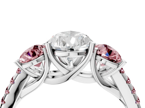 White gold Three-Stone Pear Cut Diamond Ring with Round with Morganite side stone Pavé Band and Prong Setting_4
