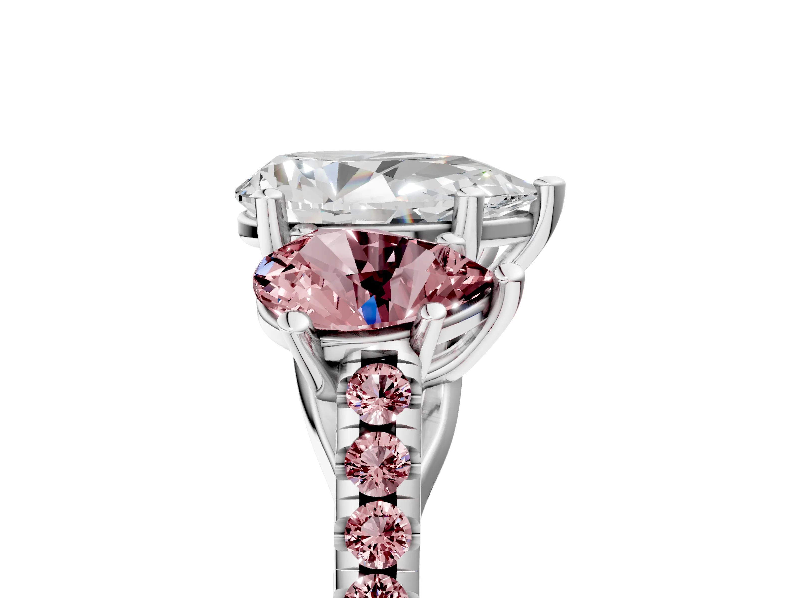White gold Three-Stone Pear Cut Diamond Ring with Round with Morganite side stone Pavé Band and Prong Setting_5