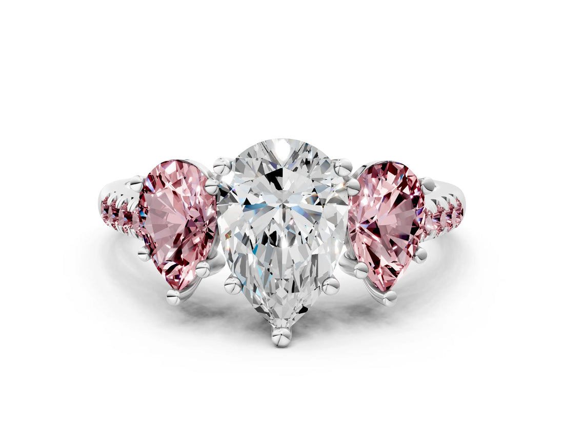 White gold Three-Stone Pear Cut Diamond Ring with Round with Morganite side stone Pavé Band and Prong Setting