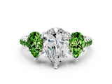 White gold Three-Stone Pear Cut Diamond Ring with Round with Peridot side stone Pavé Band and Prong Setting_12