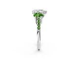 White gold Three-Stone Pear Cut Diamond Ring with Round with Peridot side stone Pavé Band and Prong Setting_14