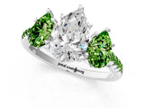 White gold Three-Stone Pear Cut Diamond Ring with Round with Peridot side stone Pavé Band and Prong Setting_1