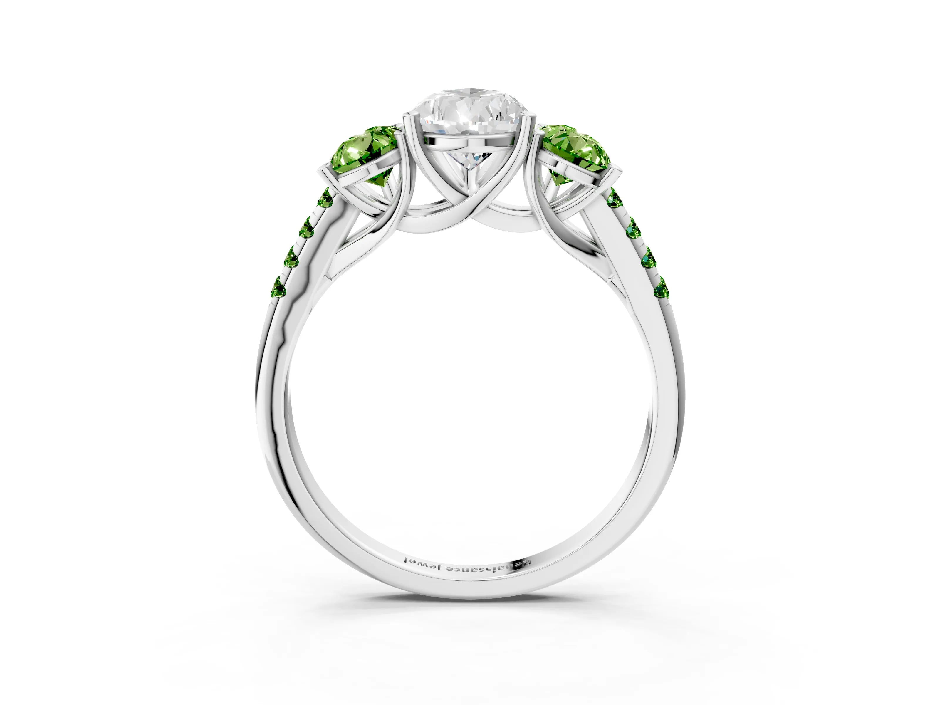 White gold Three-Stone Pear Cut Diamond Ring with Round with Peridot side stone Pavé Band and Prong Setting_3