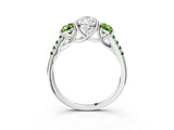 White gold Three-Stone Pear Cut Diamond Ring with Round with Peridot side stone Pavé Band and Prong Setting_3