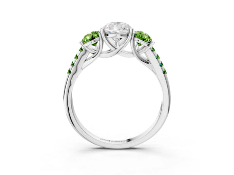 White gold Three-Stone Pear Cut Diamond Ring with Round with Peridot side stone Pavé Band and Prong Setting_3