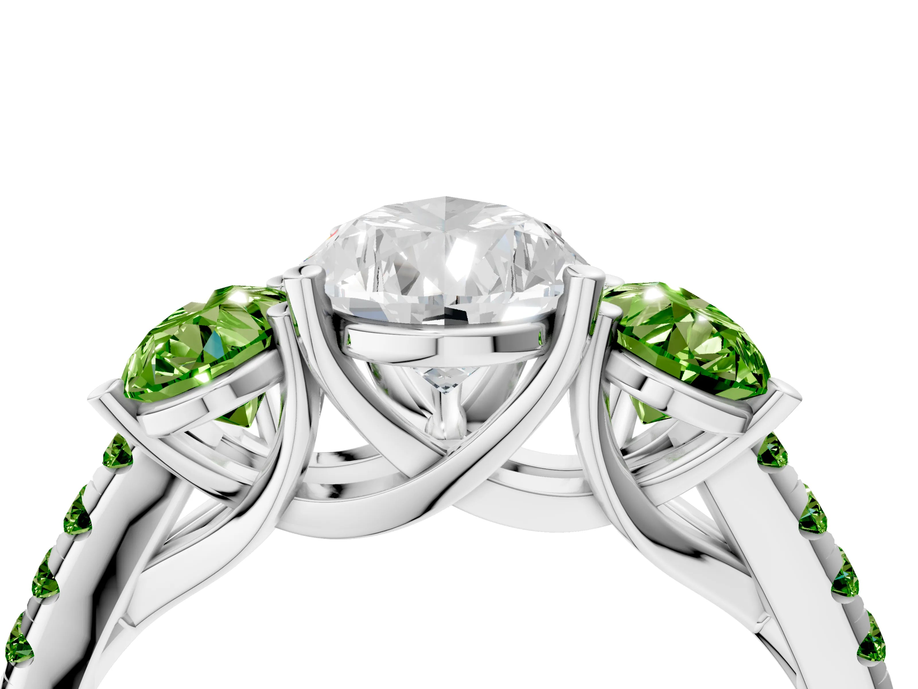 White gold Three-Stone Pear Cut Diamond Ring with Round with Peridot side stone Pavé Band and Prong Setting_4