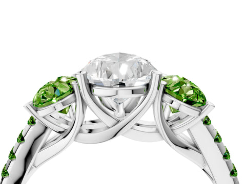 White gold Three-Stone Pear Cut Diamond Ring with Round with Peridot side stone Pavé Band and Prong Setting_4