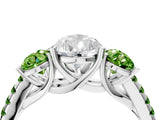 White gold Three-Stone Pear Cut Diamond Ring with Round with Peridot side stone Pavé Band and Prong Setting_4